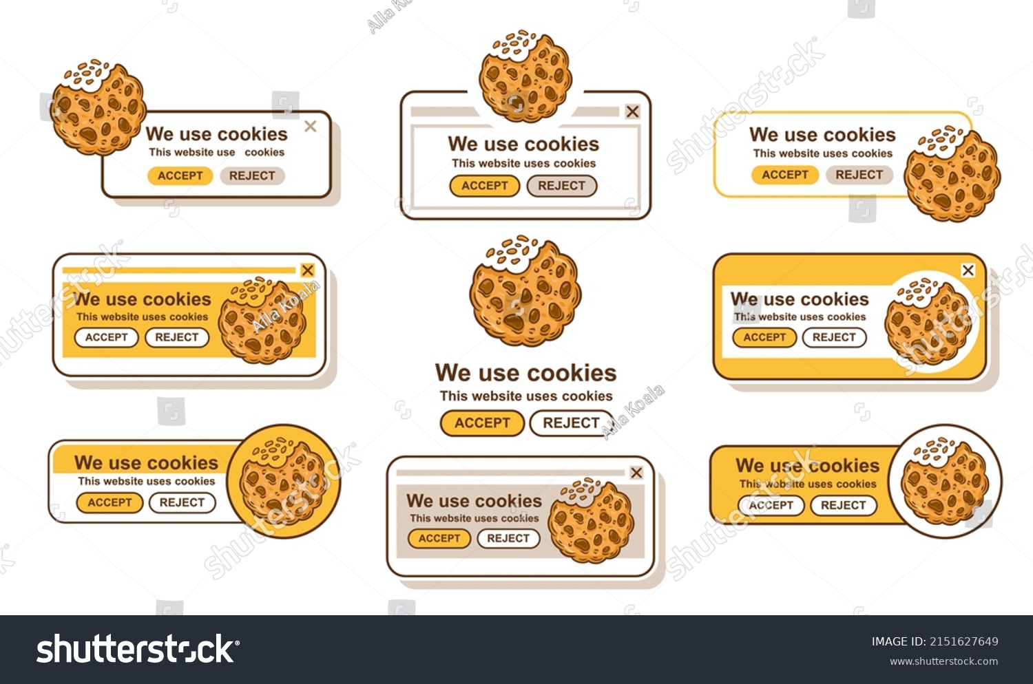 SVG of Web cookies tracking, use website browser data security policy icon set. Internet protection personal information. Search, accept safety info. Bite biscuit. Popup user interface landing page. Vector  svg