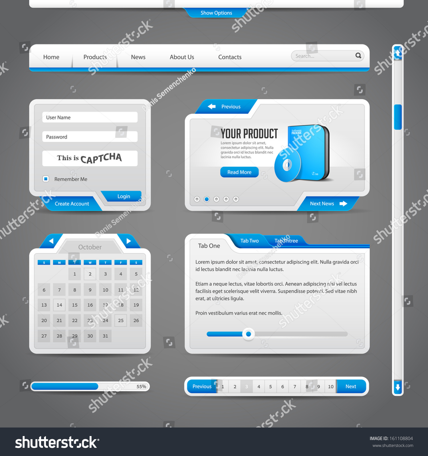 Web UI Controls Elements Gray And Blue On Dark Background: Navigation