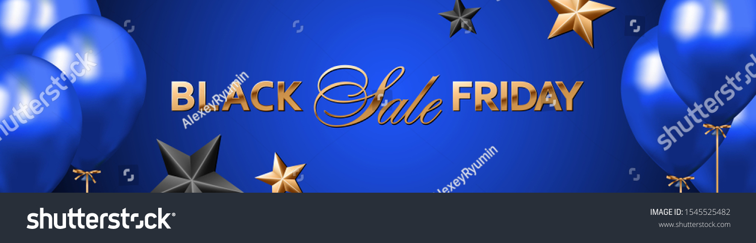 Website header or banner vector template with Black Friday Sale golden text on royal blue gradient background with blue balloons and gold and black stars.
