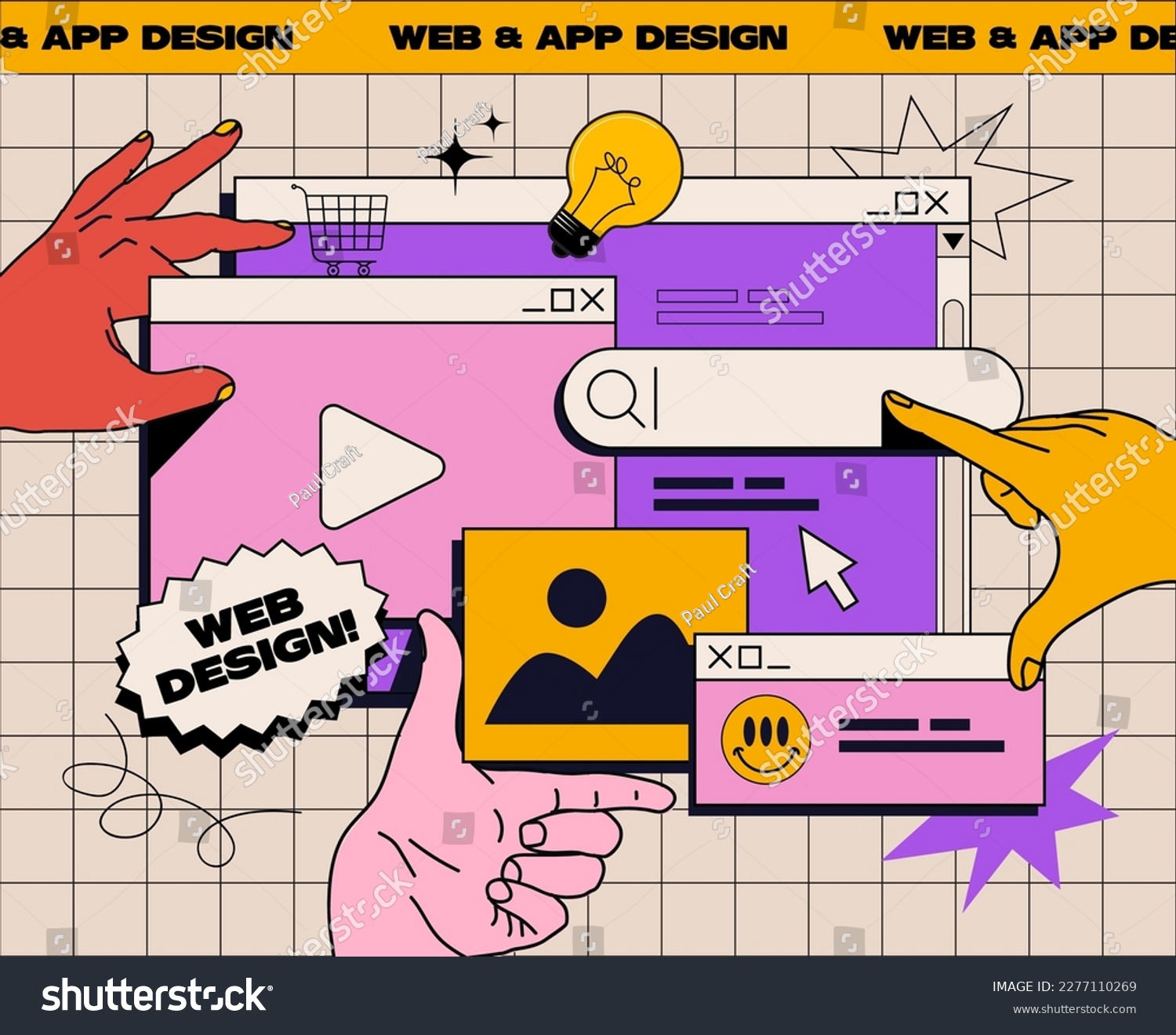 SVG of Website or APP design banner concept advertisement in retro style with hands working on ui ux design or mobile application. Studio or agency prototyping or coding web page or mobile app. svg