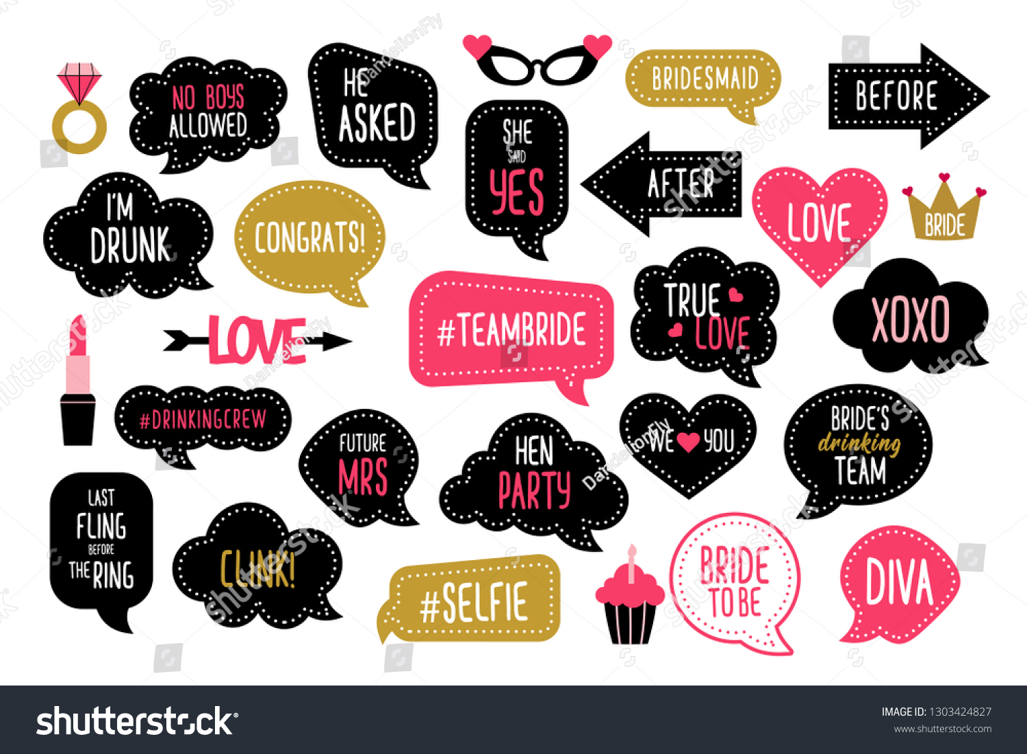 stock vector wedding and bachelorette party photo booth props set bridal shower photobooth props vector speech 1303424827