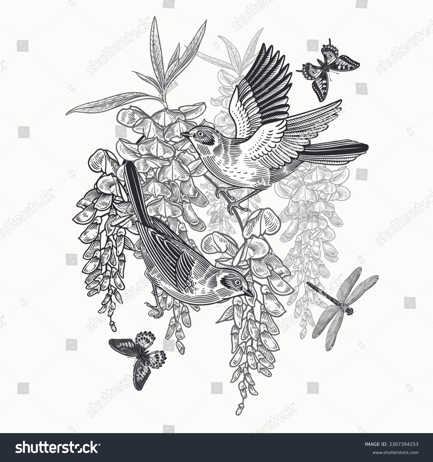 SVG of Wedding card. Cute birds, butterflies and dragonfly on the branches of tree. Floral pattern.  Wisteria liana Japanese flowers. Black and white. Vector illustration. Vintage decor. svg