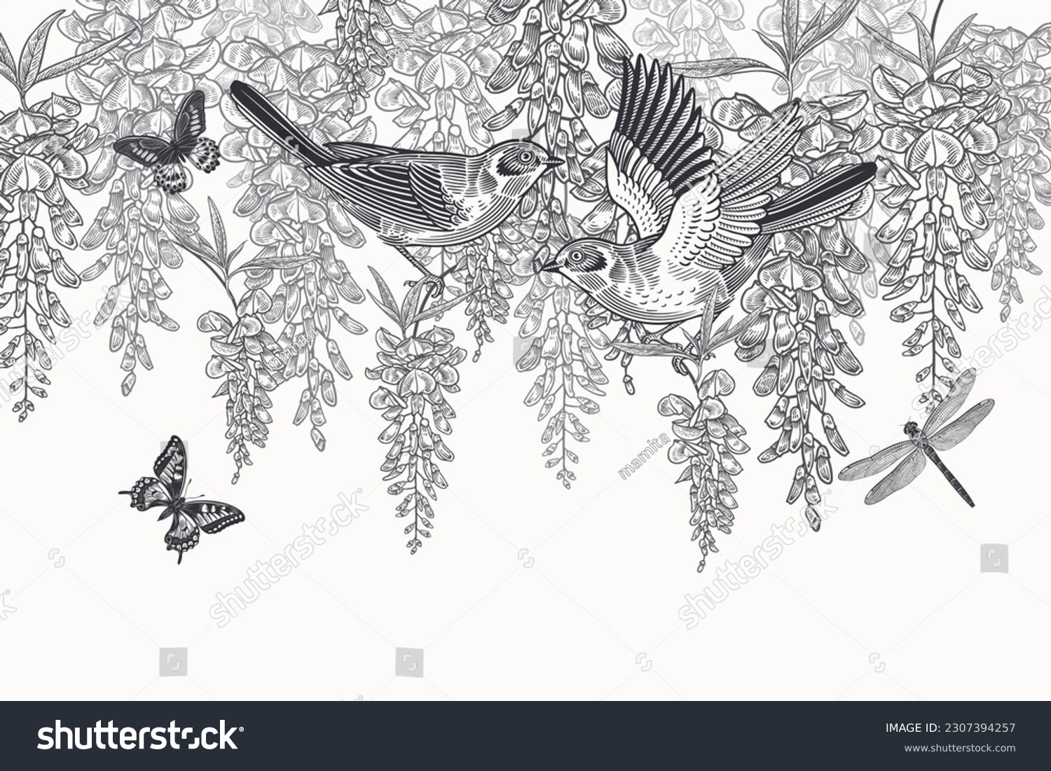 SVG of Wedding card. Cute birds, butterflies, dragonfly on tree branches Wisteria liana. Floral pattern. Garden Japanese flowers. Black and white. Vector illustration. Vintage decor Template for invitations. svg