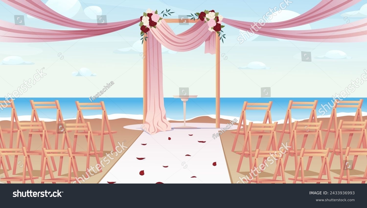 SVG of Wedding ceremony outdoor setup. Wedding ceremony setup with arch draped with ribbons and decorations. Vector illustration svg