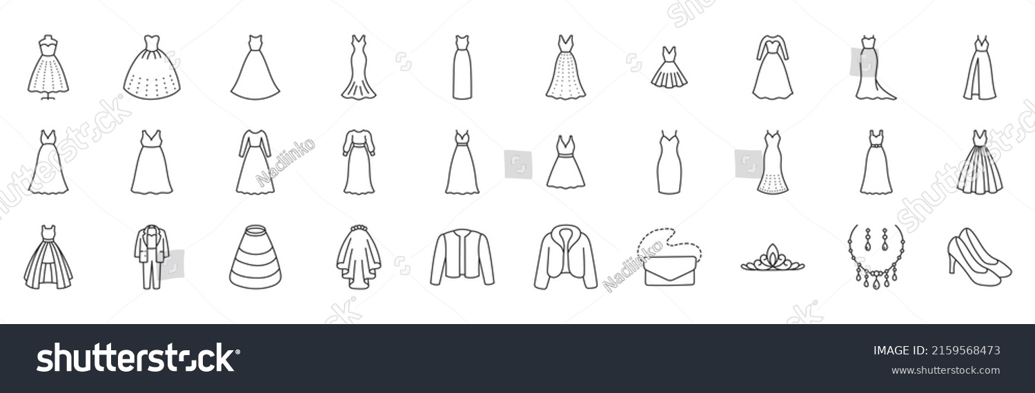 SVG of Wedding dress doodle illustration including icons - elegant evening gown, groom suit, marriage atelier, plus size fur coat, jacket, crinoline. Thin line art about bridal clothes. Editable Stroke svg