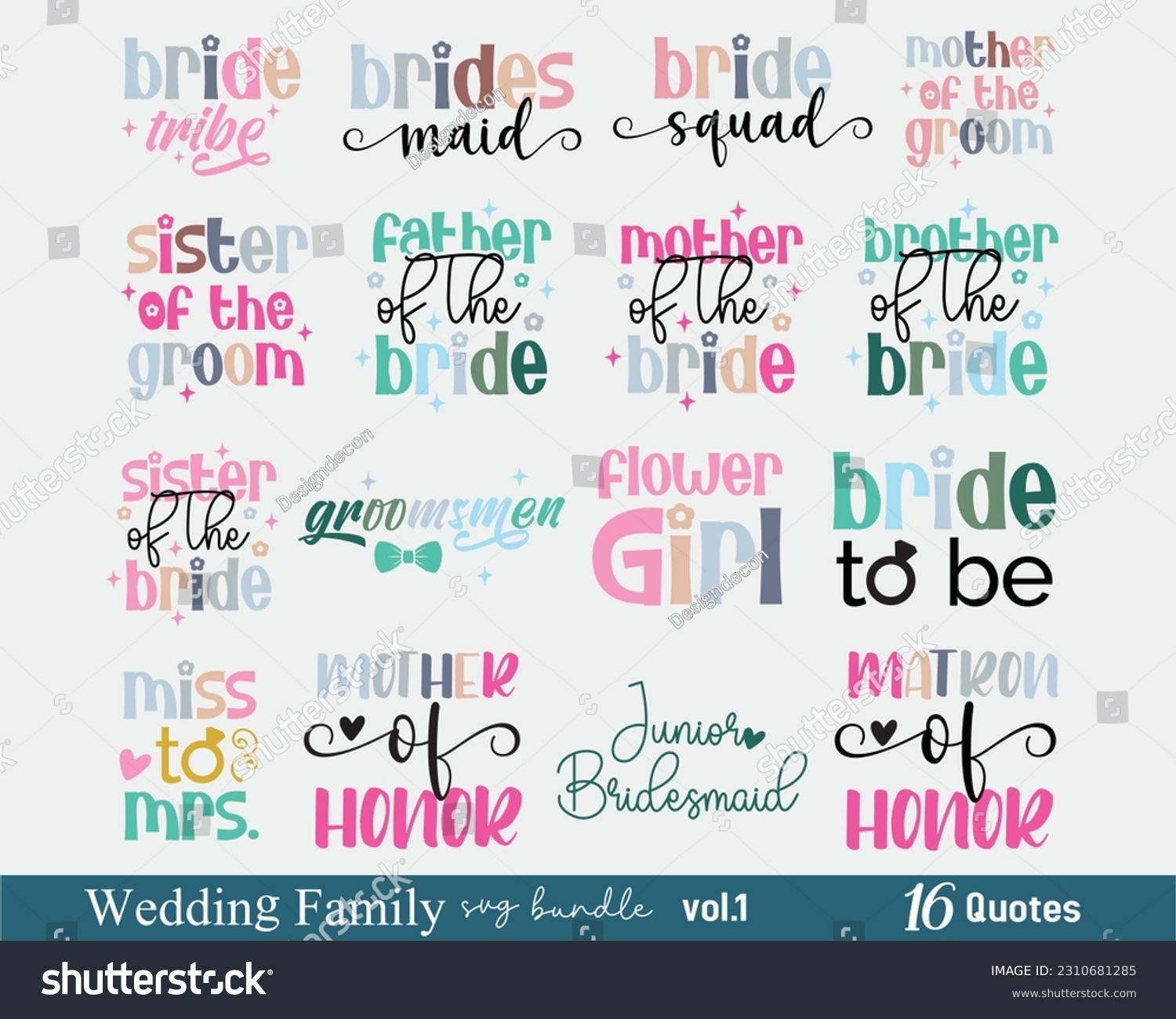 SVG of Wedding Family Bridal Party Quotes Collection Set Retro Typographic Art Bundle on White Background svg