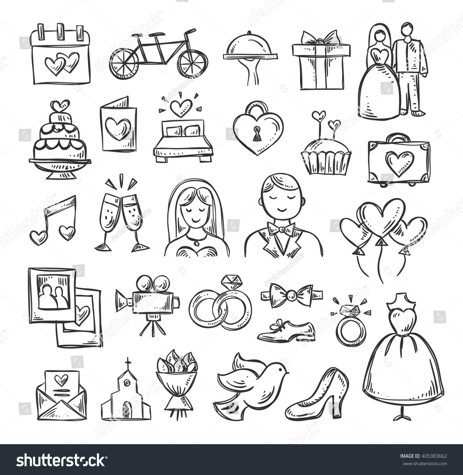 stock vector wedding icons hand sketched vector wedding symbols bride groom couple love rings honeymoon 405383662