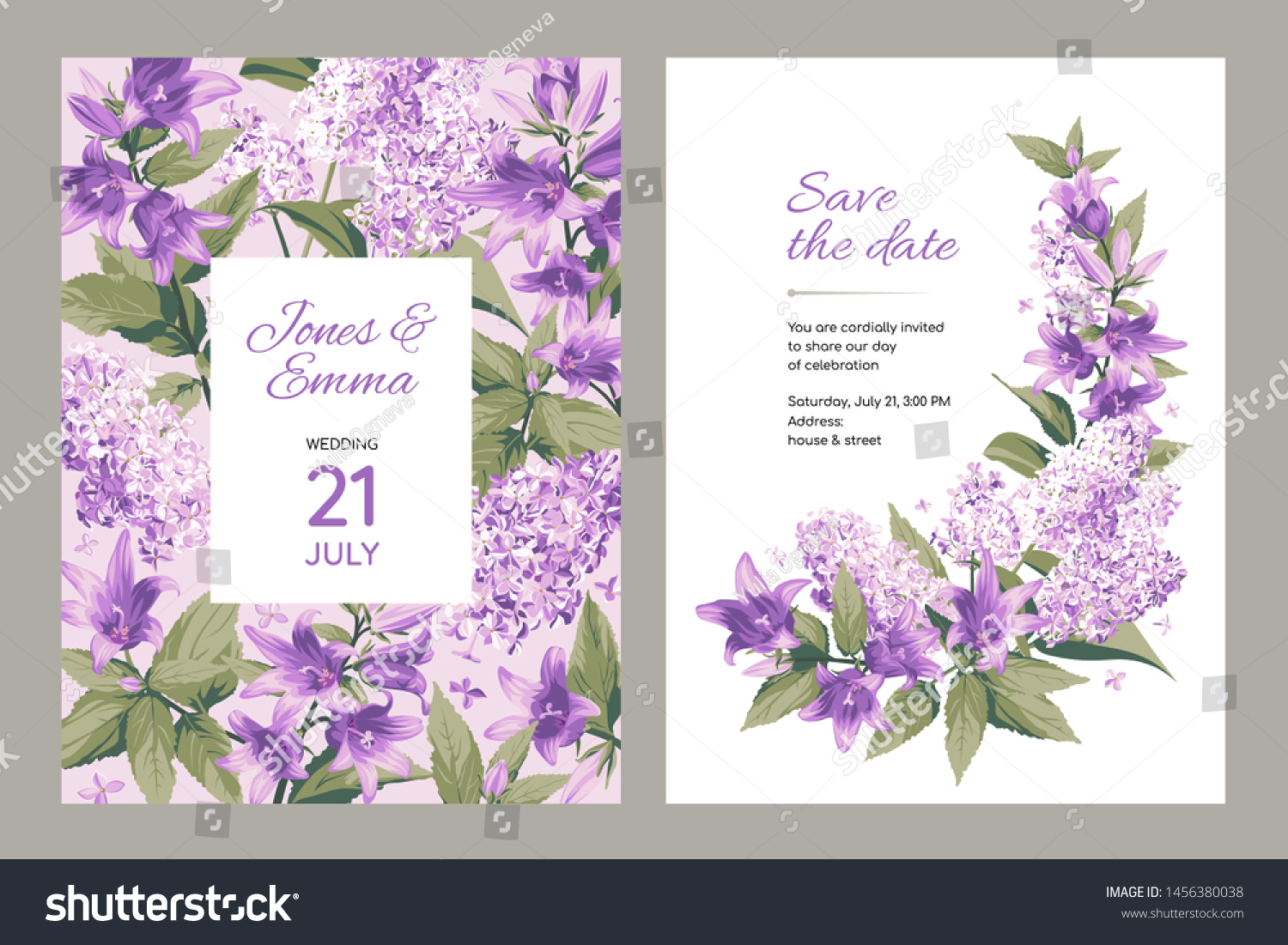 SVG of Wedding invitation card. Frame with text and flowers - purple Campanula and Lilac on light and white Background. svg