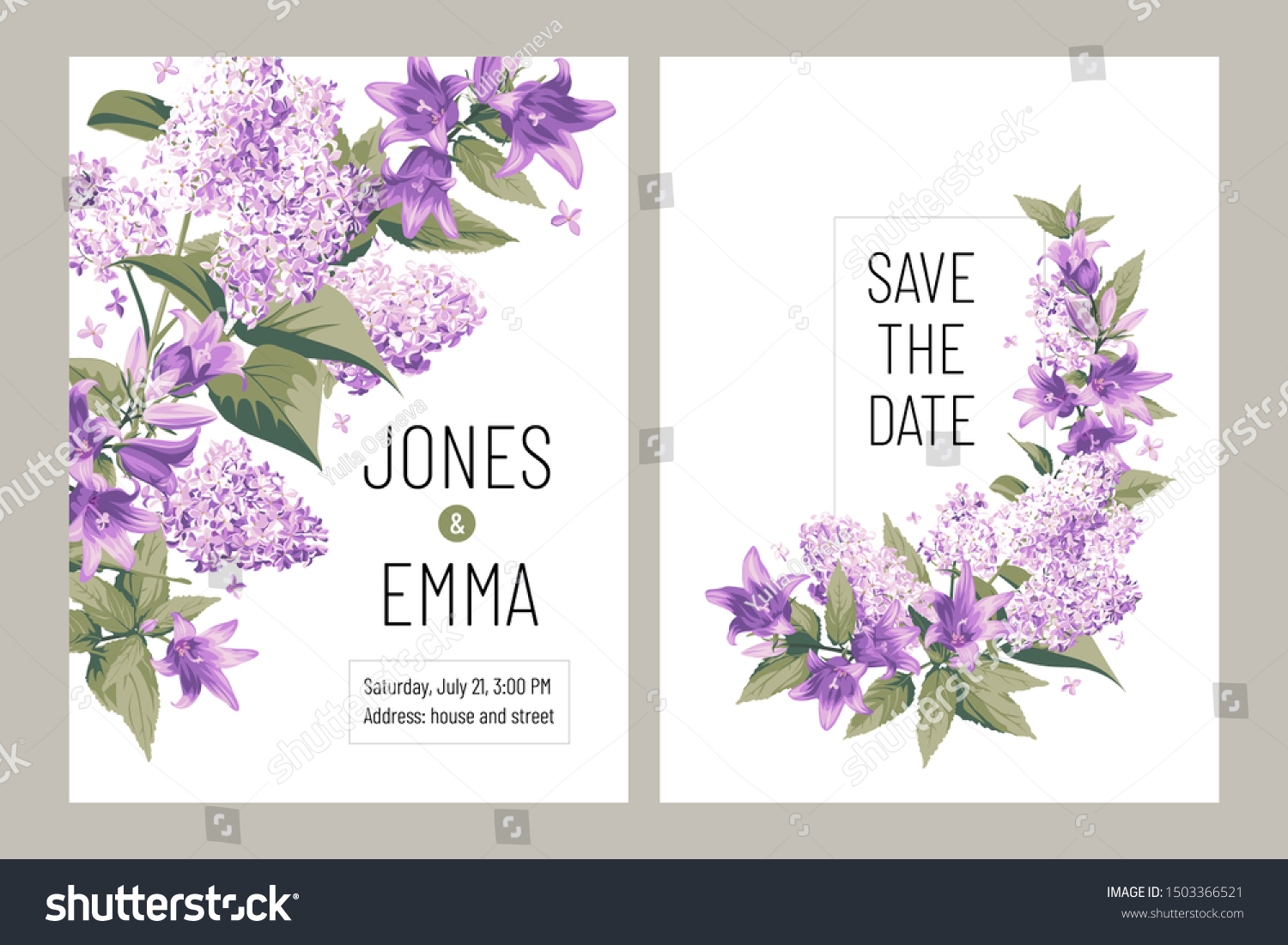 SVG of Wedding invitation card. Frame with text and flowers - purple Campanula and Lilac on white Background. svg