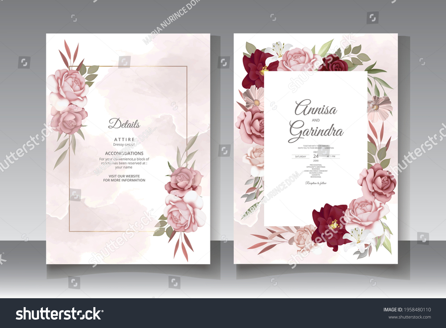 Wedding Invitation Card Template Set Maroon Stock Vector (Royalty Free