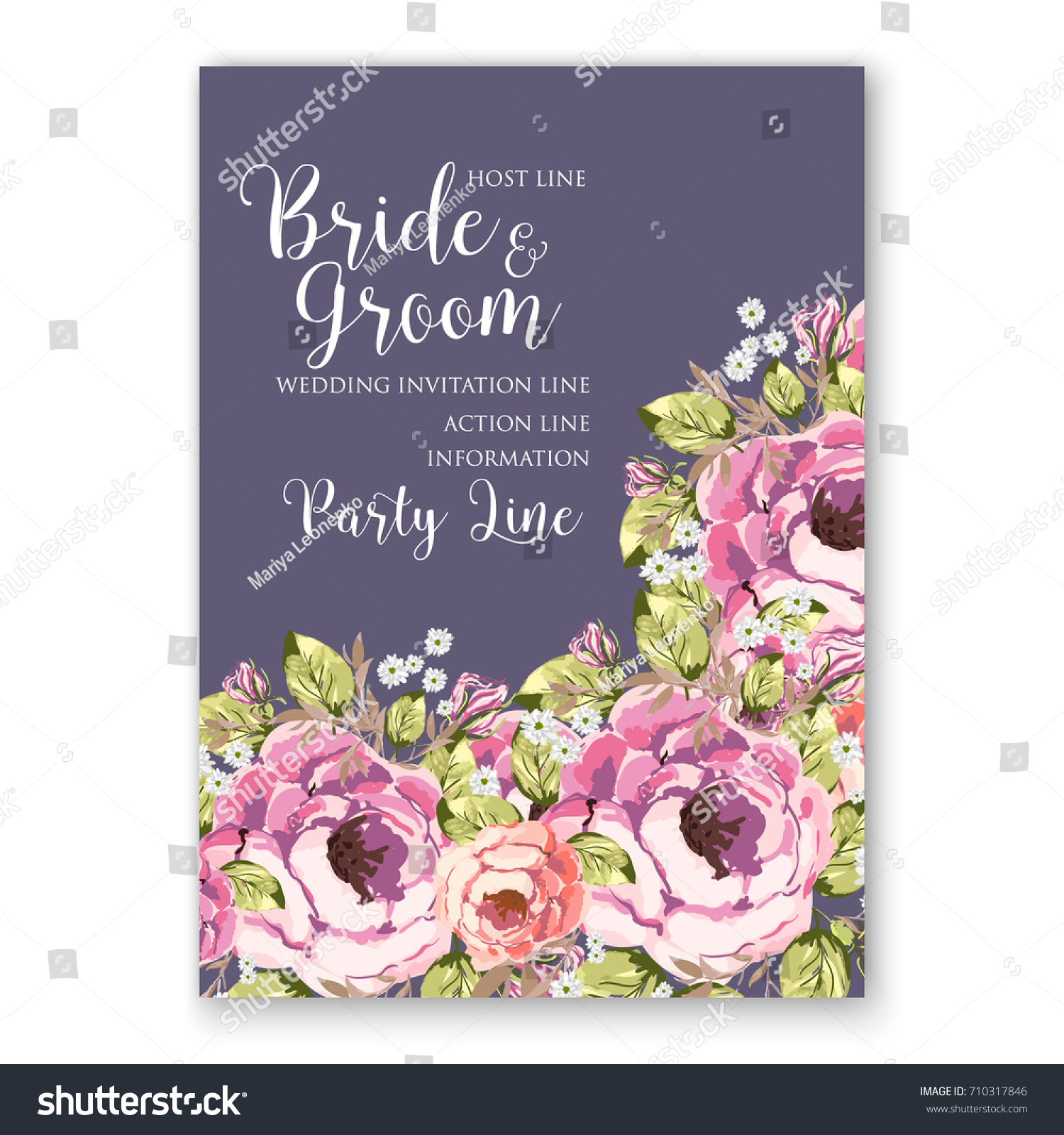 Wedding Invitation Card Template Pink Peony Vector De Stock Libre De Regalías 710317846 7386