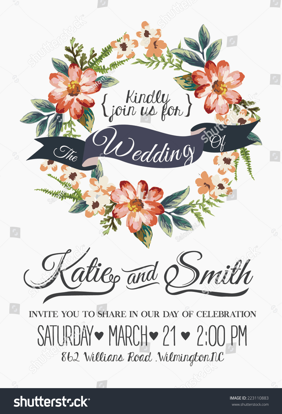Wedding Invitation Card Romantic Flower Templates Stock Vector 223110883 - Shutterstock1091 x 1600