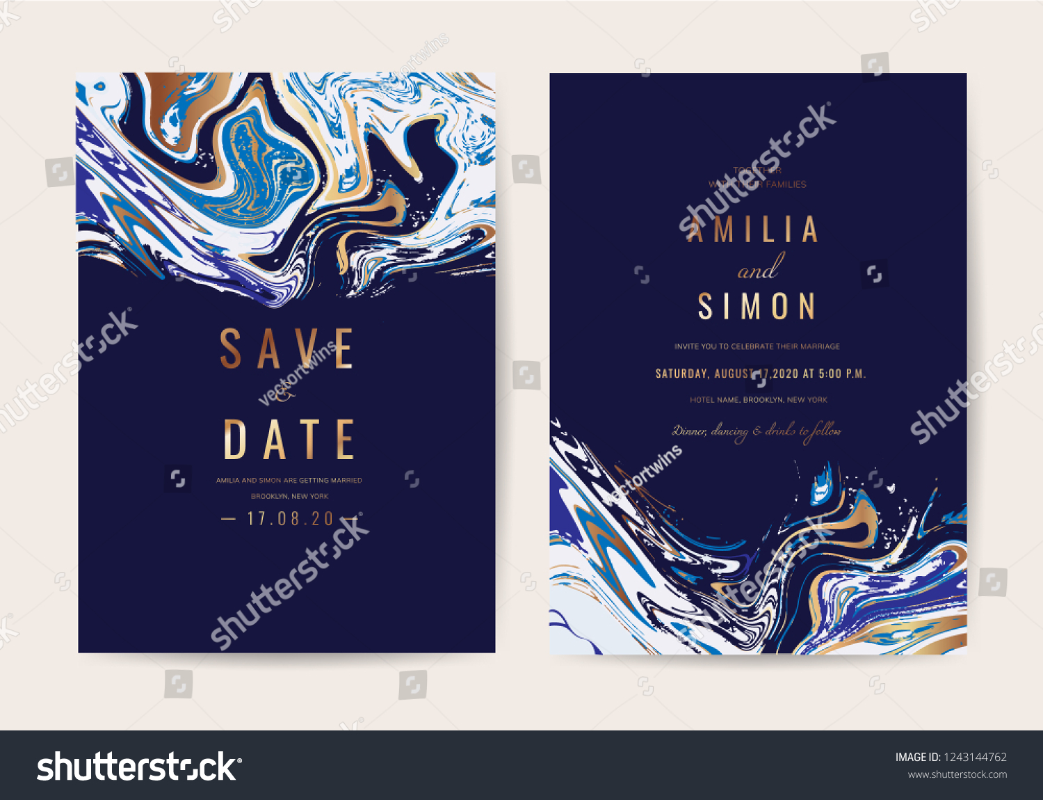 Wedding Invitation Cards Luxury Gold Indigo Stock Vector Royalty Free