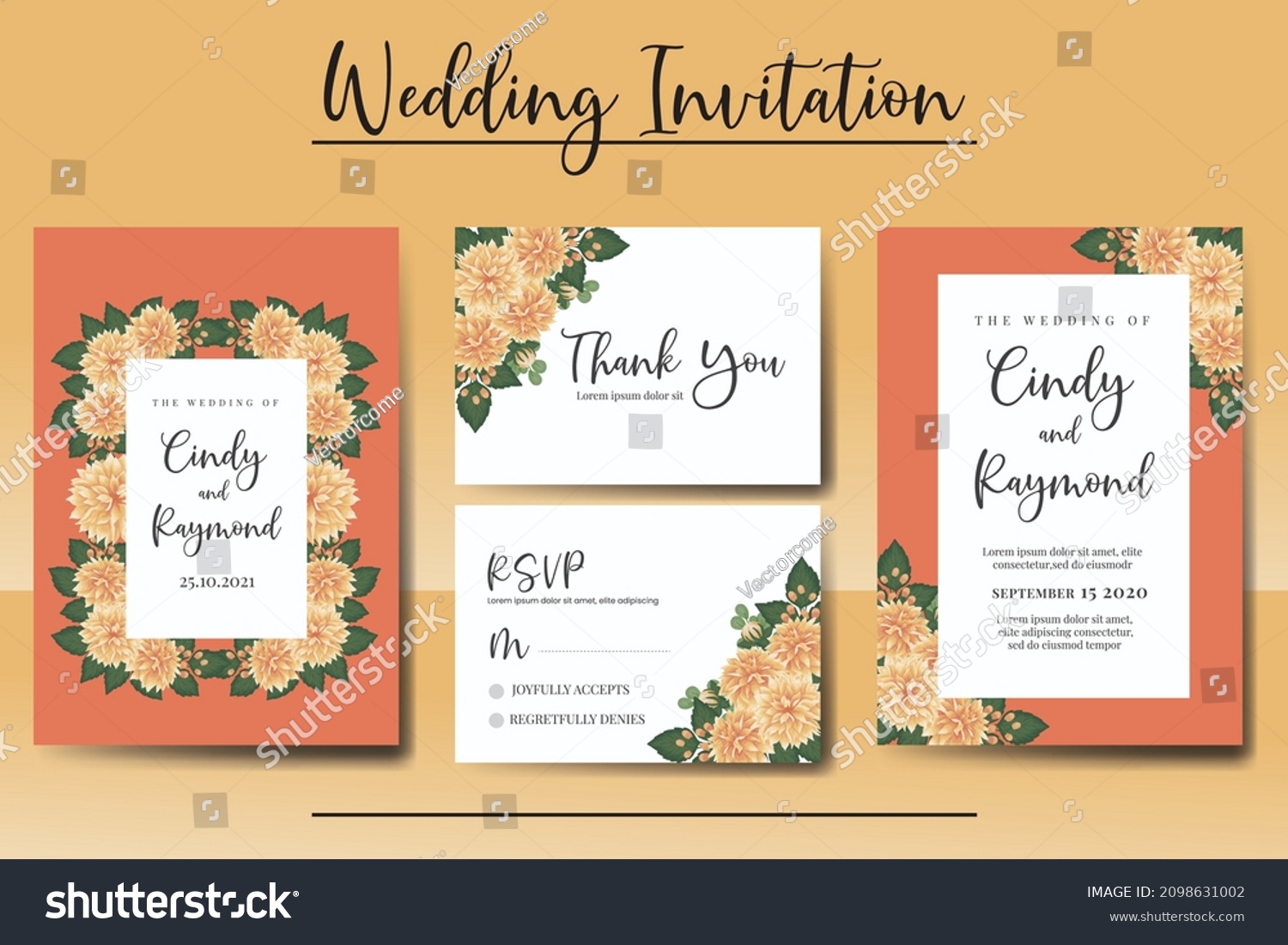 SVG of Wedding invitation frame set, floral watercolor Digital hand drawn Orange Dahlia Flower design Invitation Card Template svg