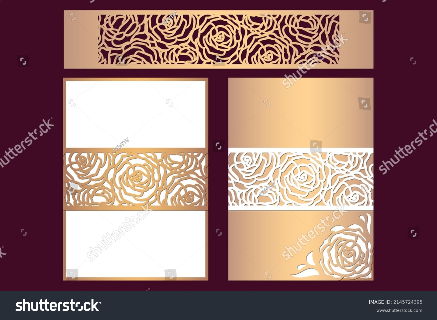 SVG of Wedding invitation or Birthday Belly Band cards with pattern of Roses, Laser cut template, vector. svg