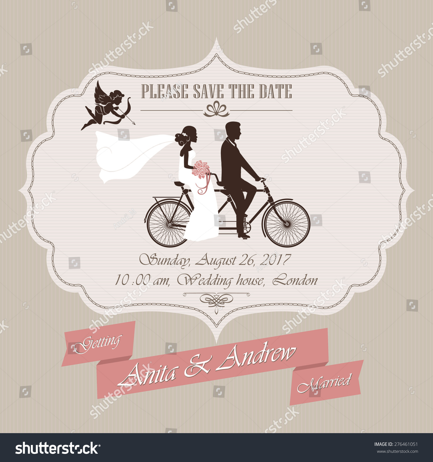 Wedding Invitation, The Bride And Groom On A Retro Tandem Bicycle ...