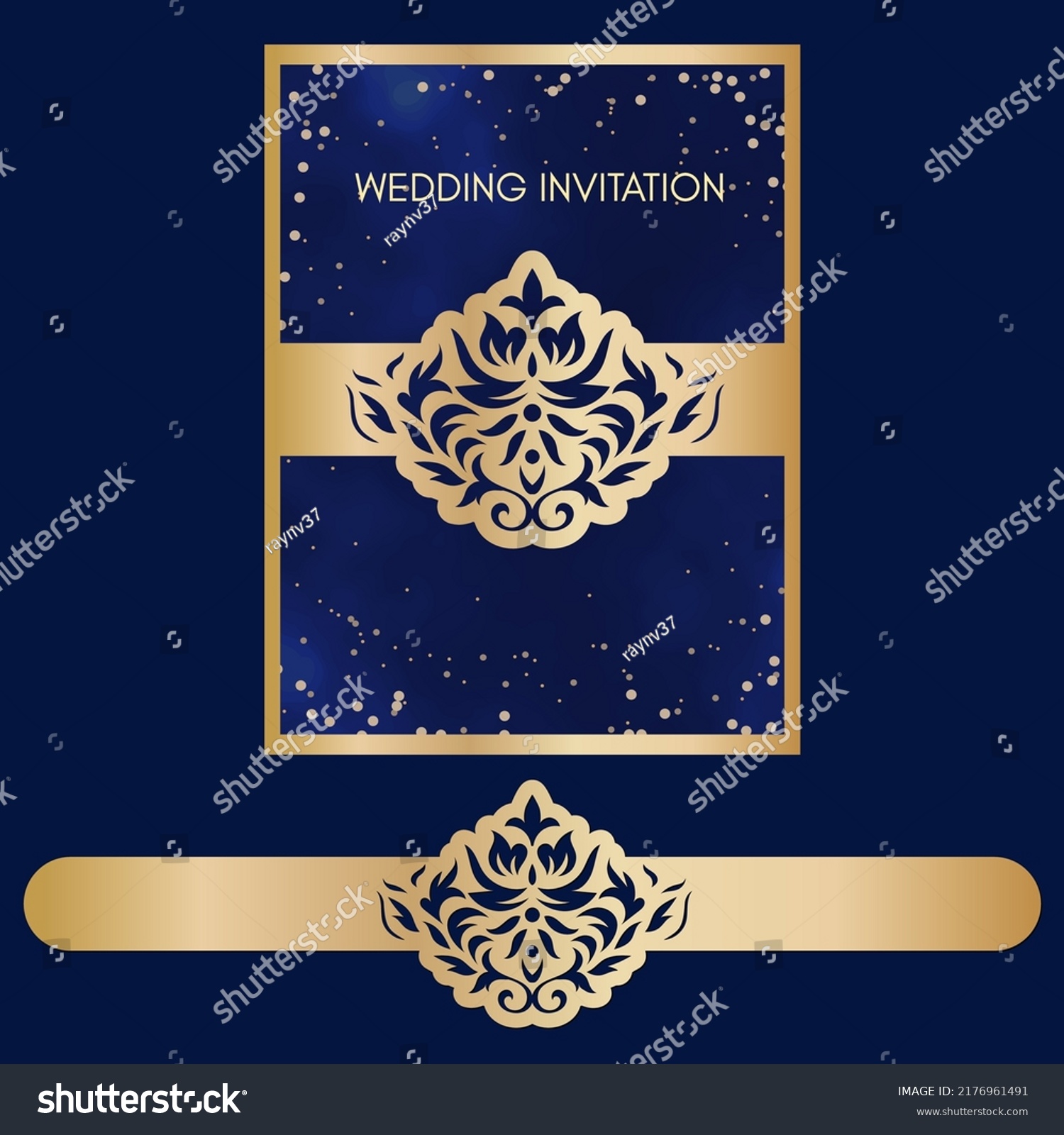 SVG of Wedding invitation with Belly Band damask pattern, cutting template, vector. svg