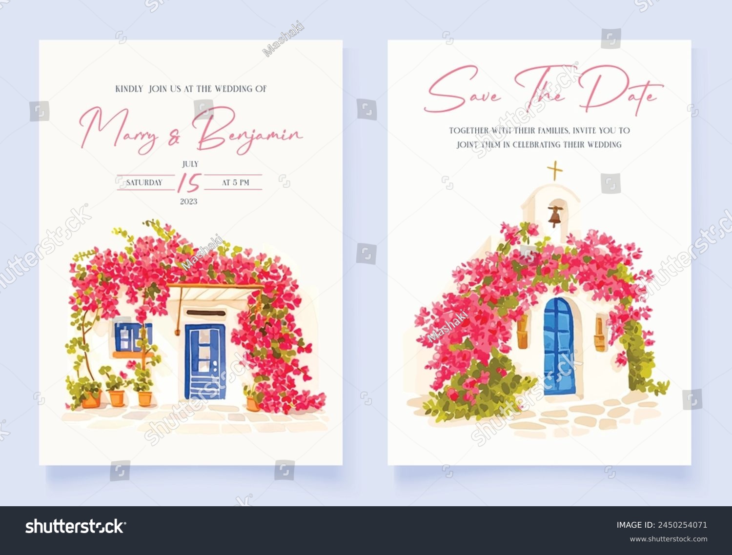 SVG of Wedding invitation with hand drawn watercolor spring pink bougainvillea flower background svg