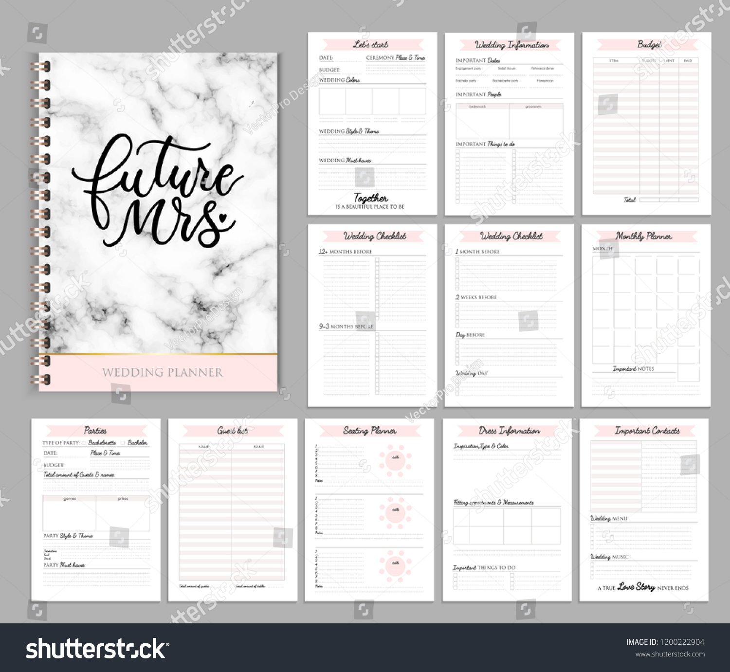 Wedding Planner Printable Design Marble Print Stock Vector (Royalty ...