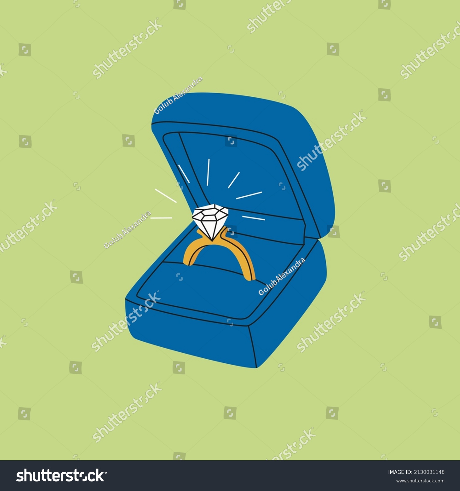 SVG of Wedding ring in the blue velvet gift box. Engagement golden ring with large shiny diamond. Love, proposal, wedding, valentine's day concept. Cartoon style. Hand drawn modern flat Vector illustration svg