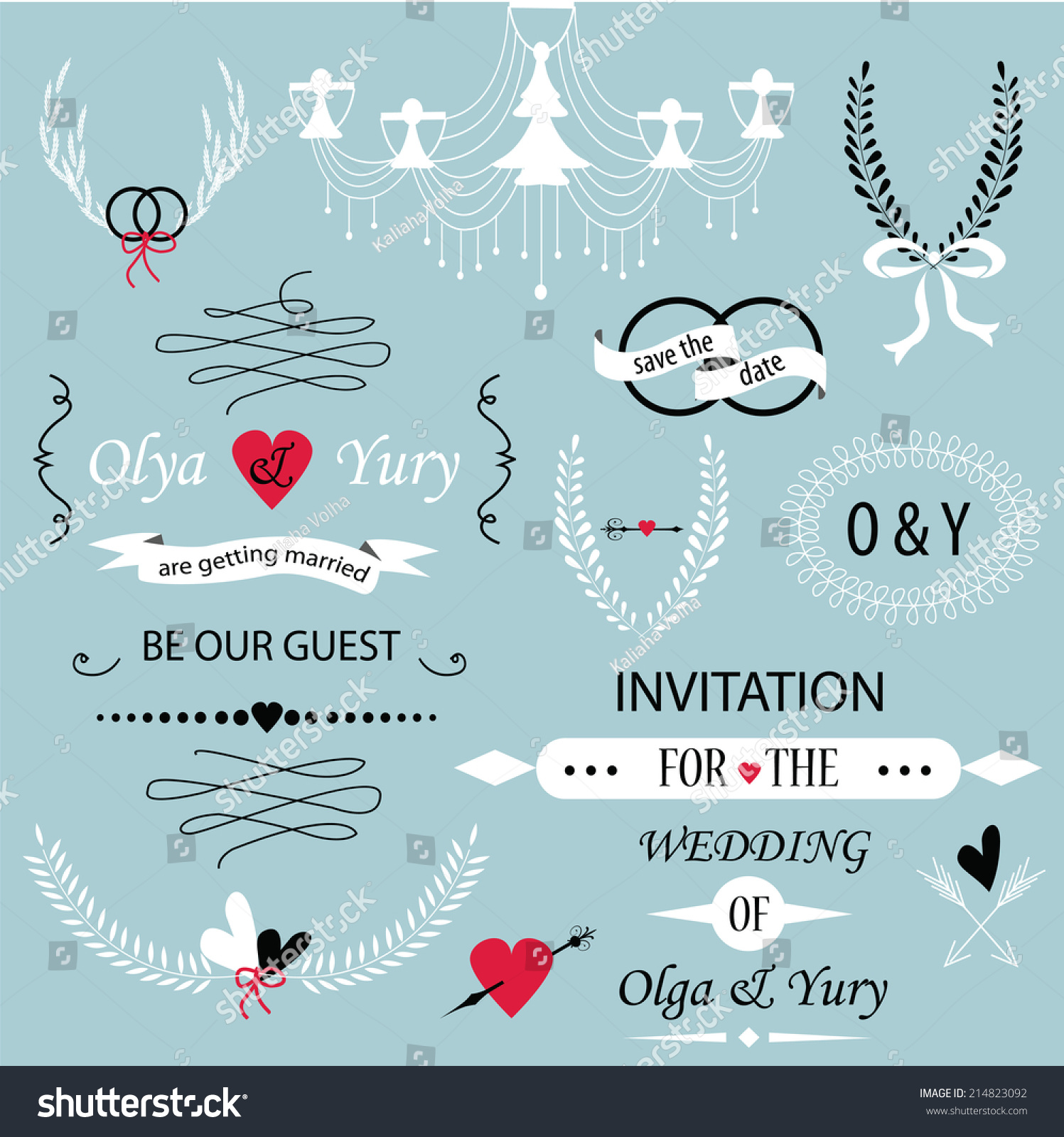 SVG of Wedding set with laurels, calligraphic elements, rings, bows, ribbons, arrows and chandelier svg