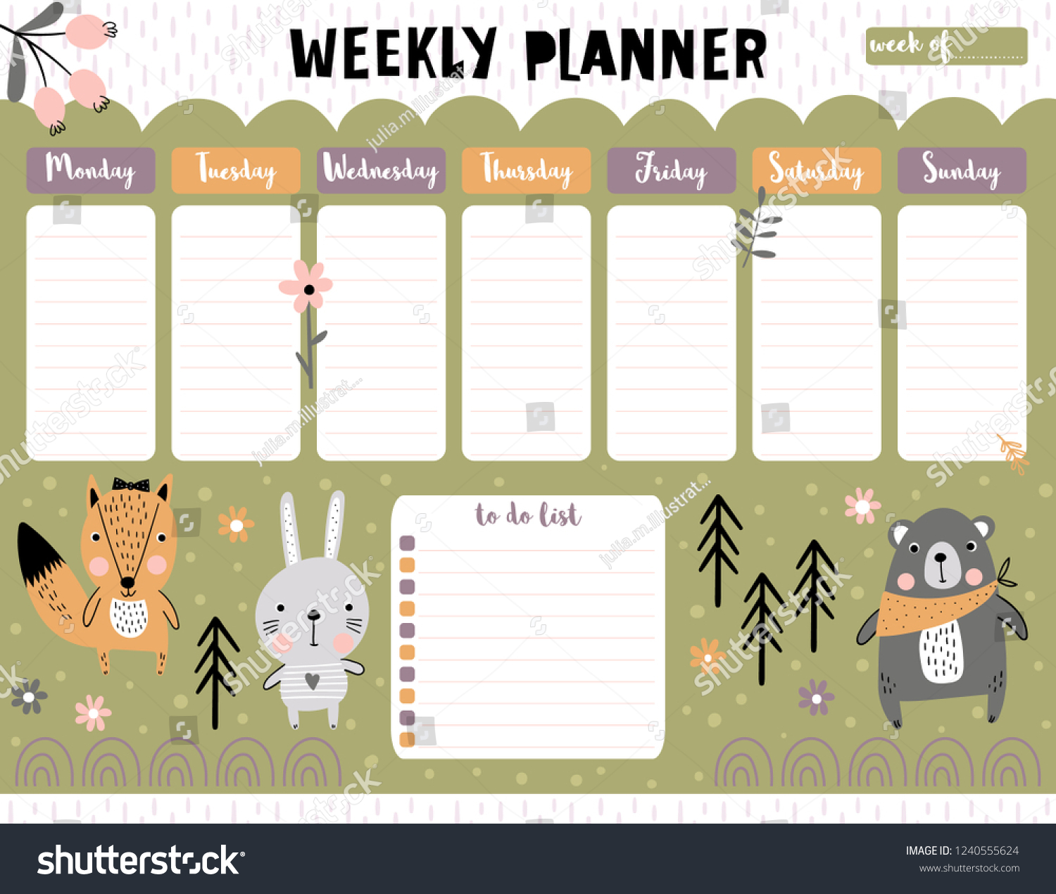 Weekly Planner Do List Cute Forest Stock Vector Royalty Free