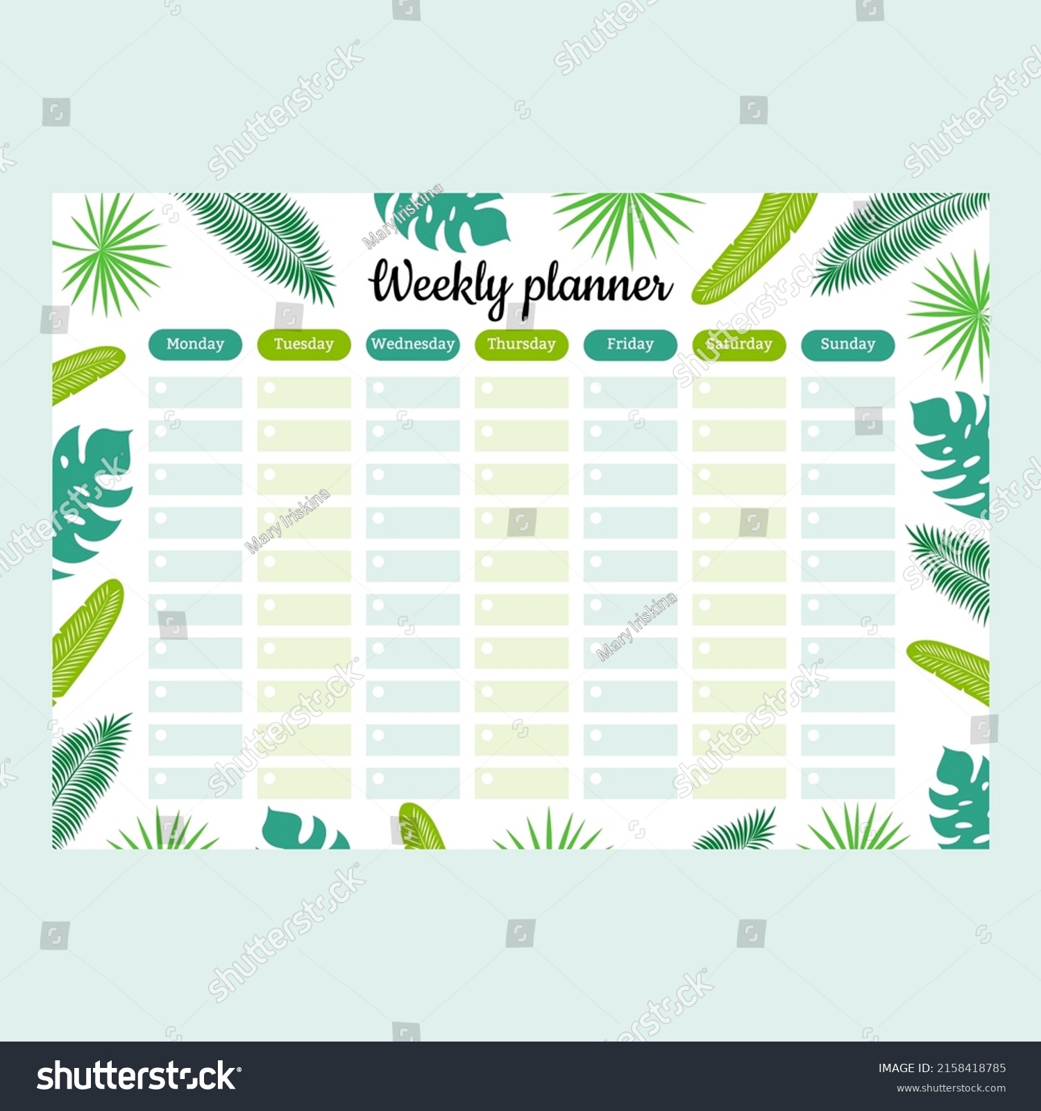 Weekly Planner Template Tropical Leaves Decoration Stock Vector ...