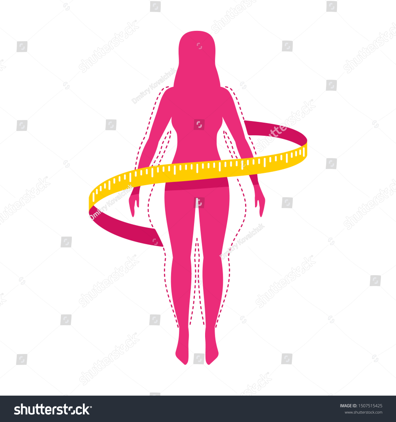 SVG of Weight loss challenge logo (isolated icon) - female silhouette (fat and shapely figure) with measuring tape around svg