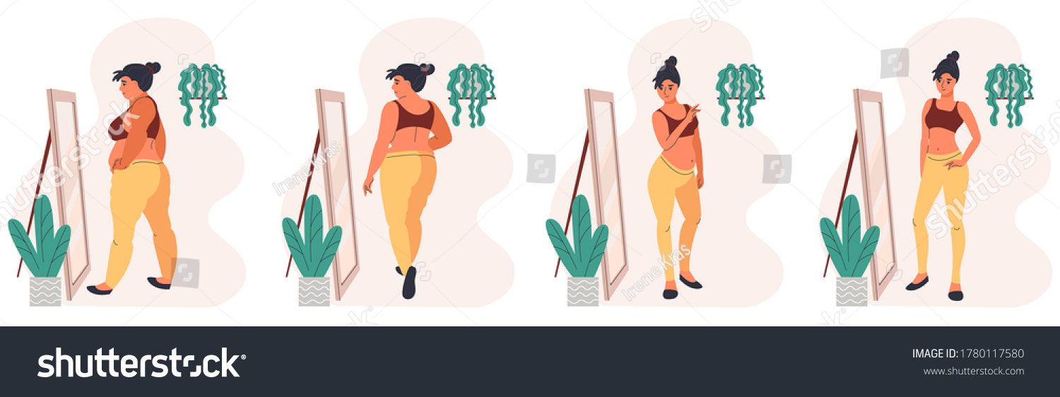 SVG of Weight loss concept. The woman who looks in the mirror. Vector cartoon illustration of a fat and slim woman figure. svg