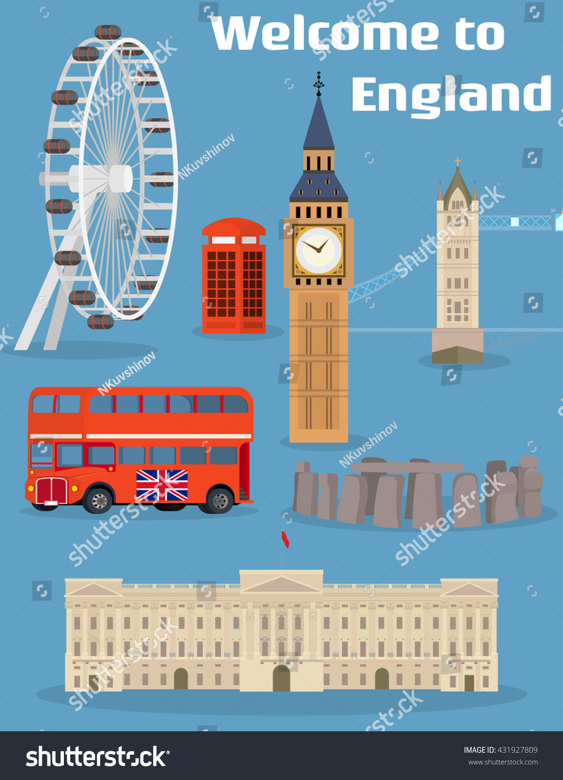 SVG of Welcome to England - Vector set of the London famous place and landmark with Tower Bridge, Big Ben, London Eye, Red phone booth, Red double-decker bus and Buckingham Palace. On flat style svg