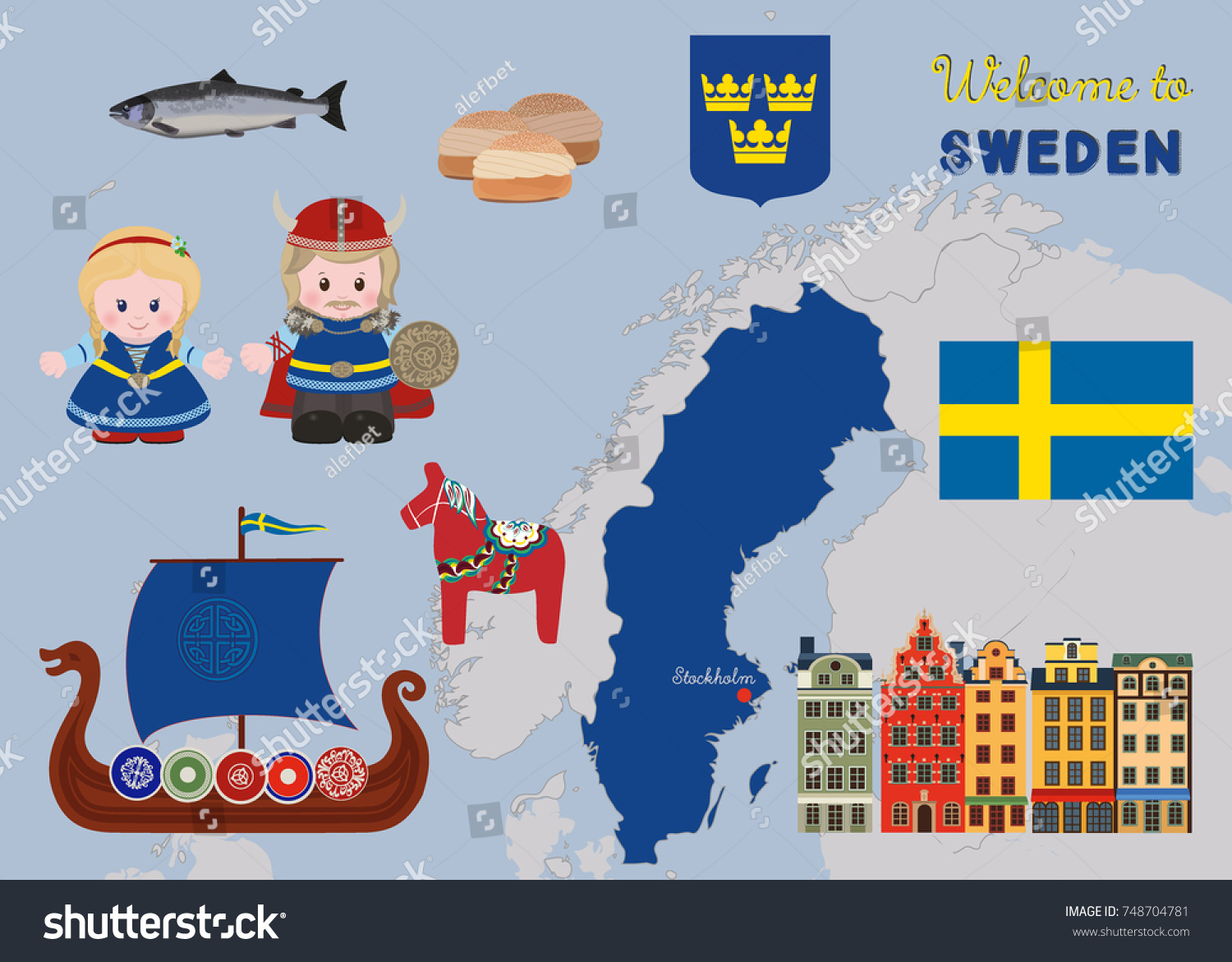 Welcome Sweden Cartoon Characters Vikings Ancient Stock Vector (Royalty