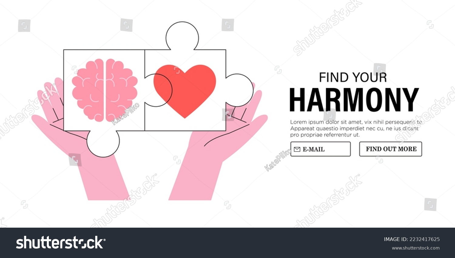 SVG of Wellness, body and brain harmony, meditation or healthcare concept. Female or male character hands hold heart and human brain puzzle. Mental and physical health, plug in connection or balance. svg