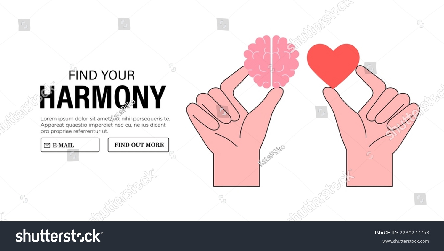 SVG of Wellness concept. Body and brain harmony, meditation, exercises or healthcare. Hands hold heart shape and human brain. Concept of mental and physical health, connection or balance.  svg