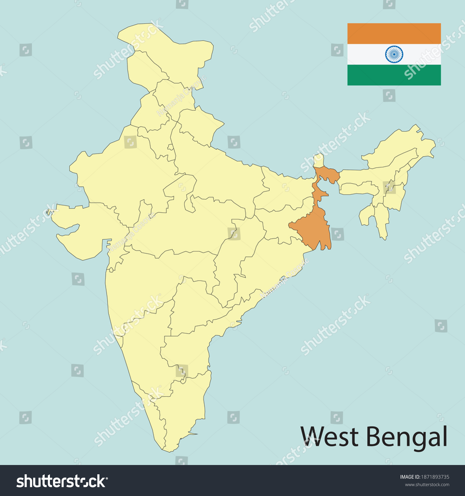 West Bengal Map India State Borders Stock Vector (Royalty Free) 1871893735