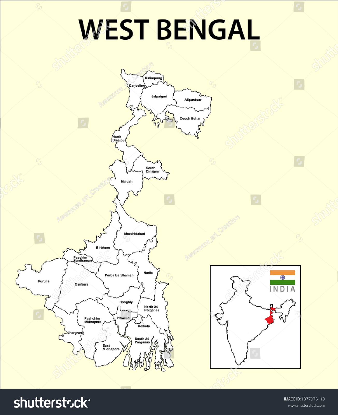 West Bengal Map Political Administrative Map Stock Vector (Royalty Free) 1877075110  Shutterstock