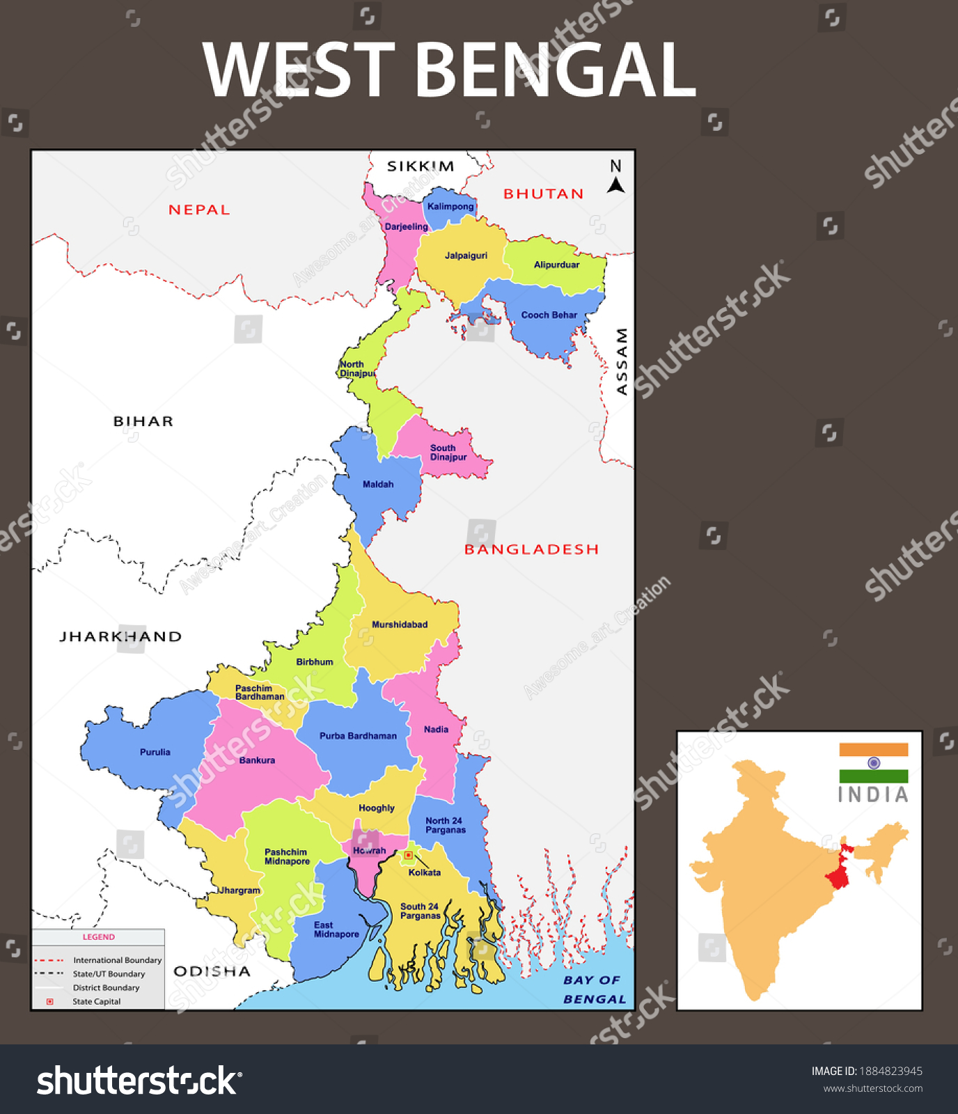 Bihar West Bengal Map West Bengal Map Showing International State Stock Vector (Royalty Free)  1884823945 | Shutterstock