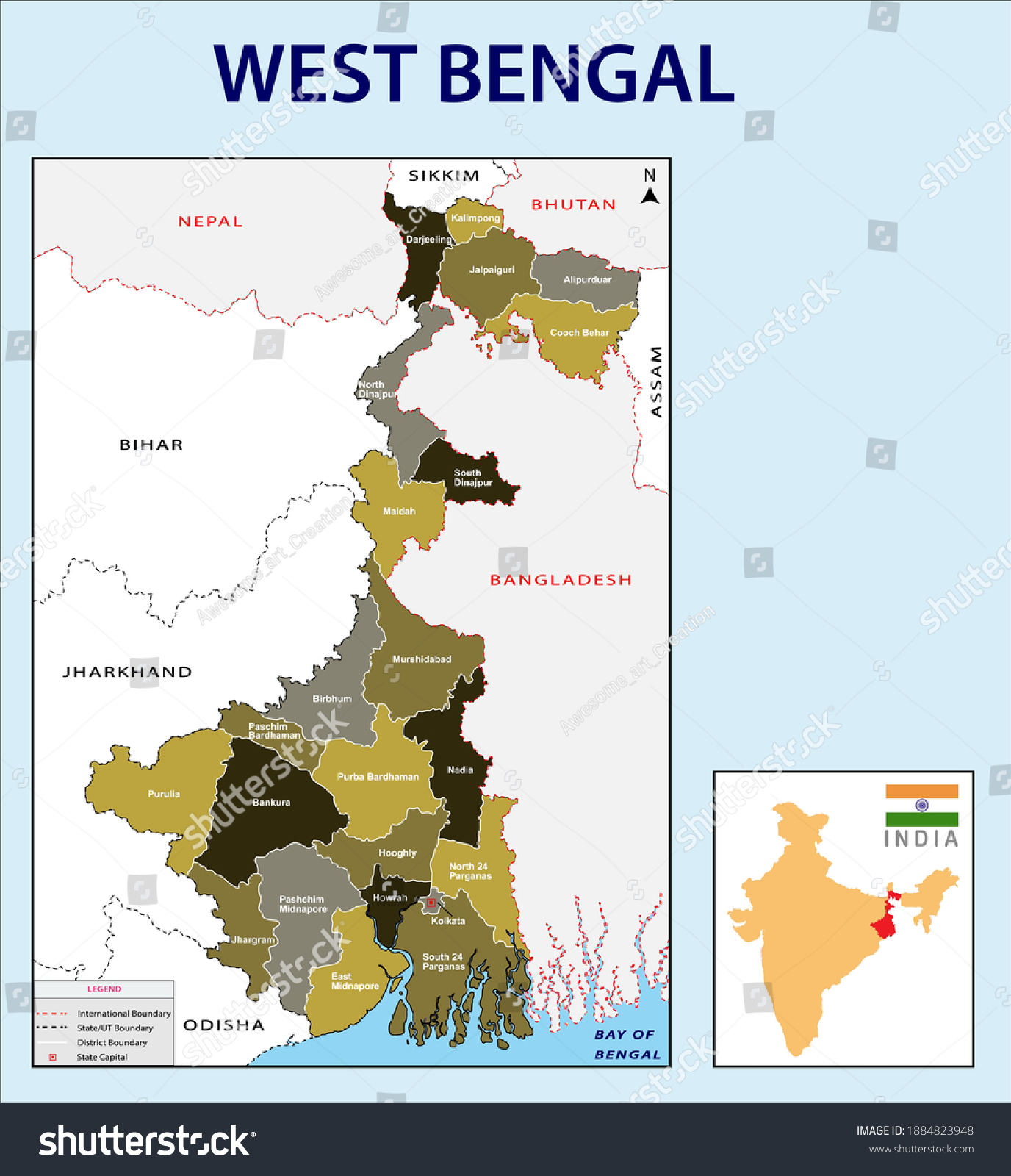 West Bengal Map Showing International State Stock Vector (Royalty Free ...