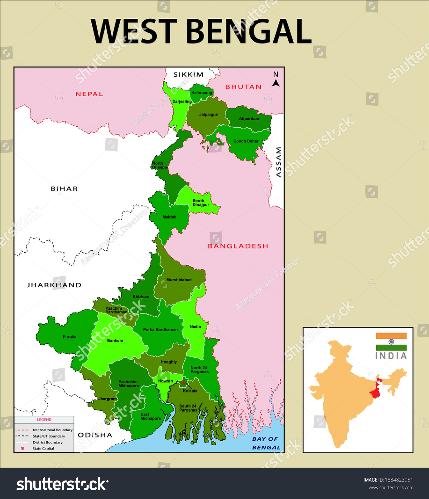 West Bengal Map Showing International State Stock Vector (Royalty Free ...