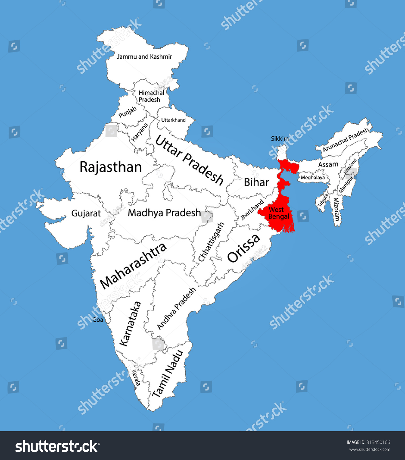 Bengal On The Map West Bengal State India Vector Map Stock Vector (Royalty Free) 313450106 |  Shutterstock