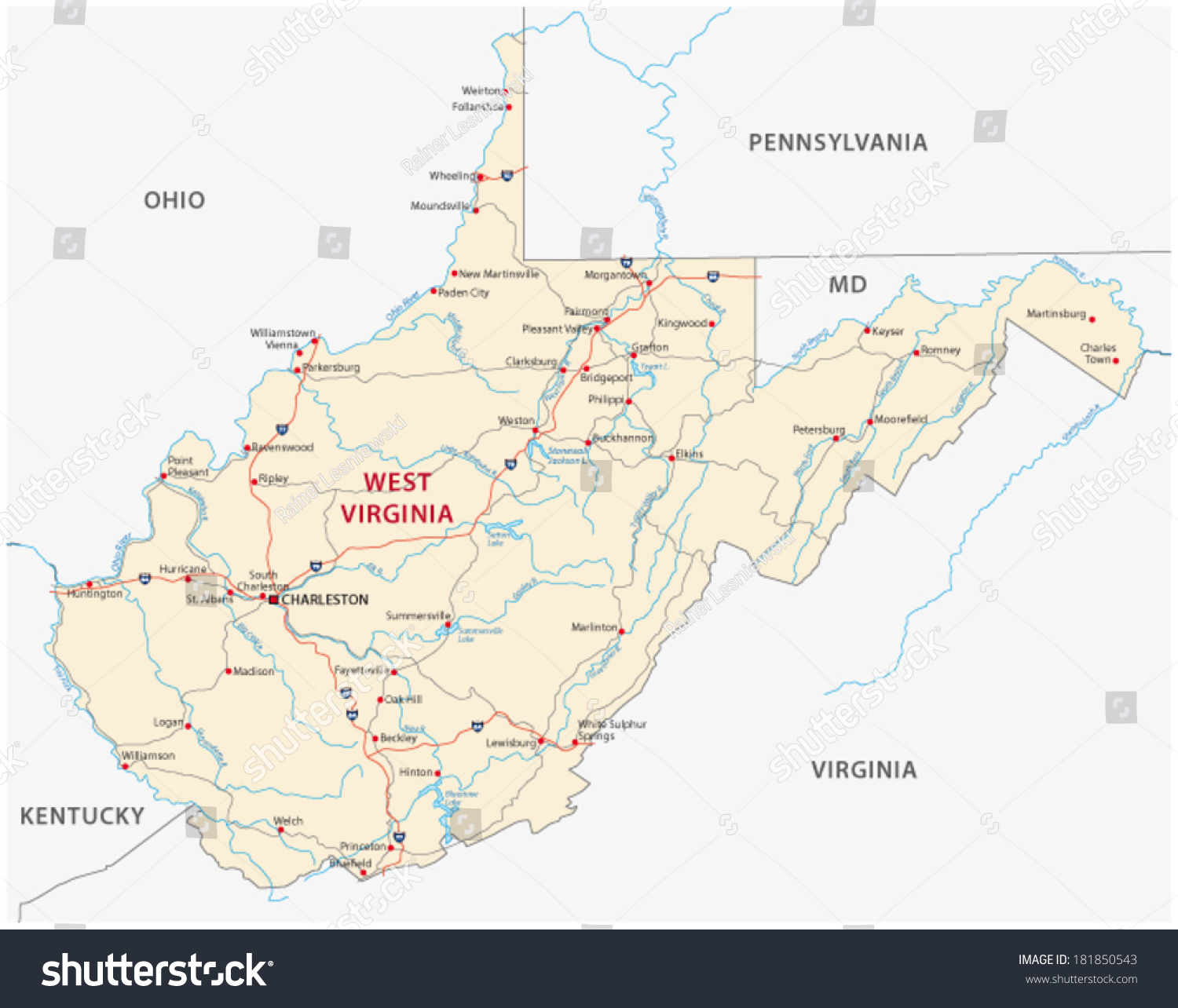 West Virginia Road Map Stock Vector 181850543 - Shutterstock