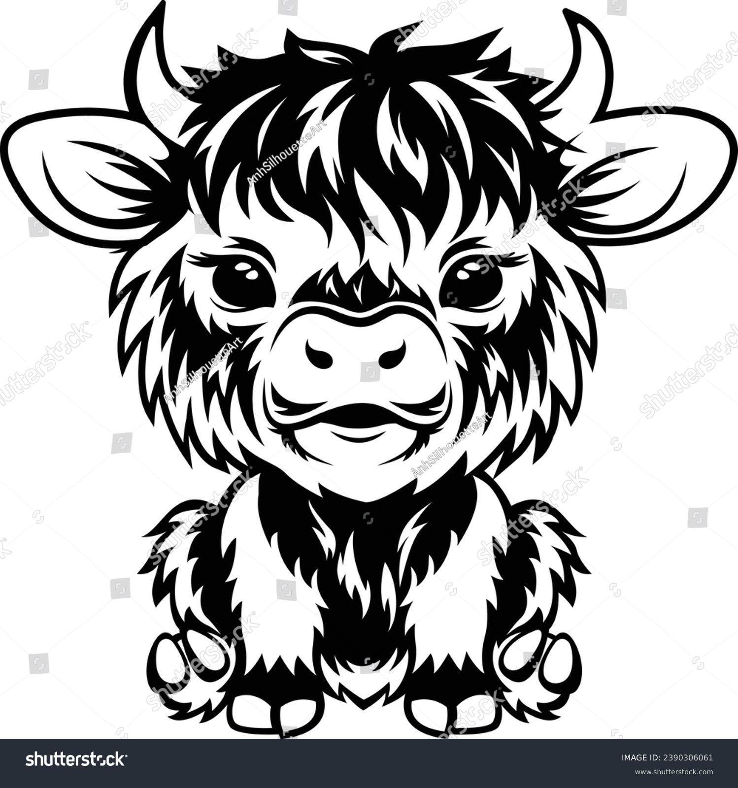 SVG of Western Cow Hand Drawn, Farm life, Farm animal, Highland Cow, Cute Highland Cow Sitting Laser Cut File, Baby Cow, Silhouette svg