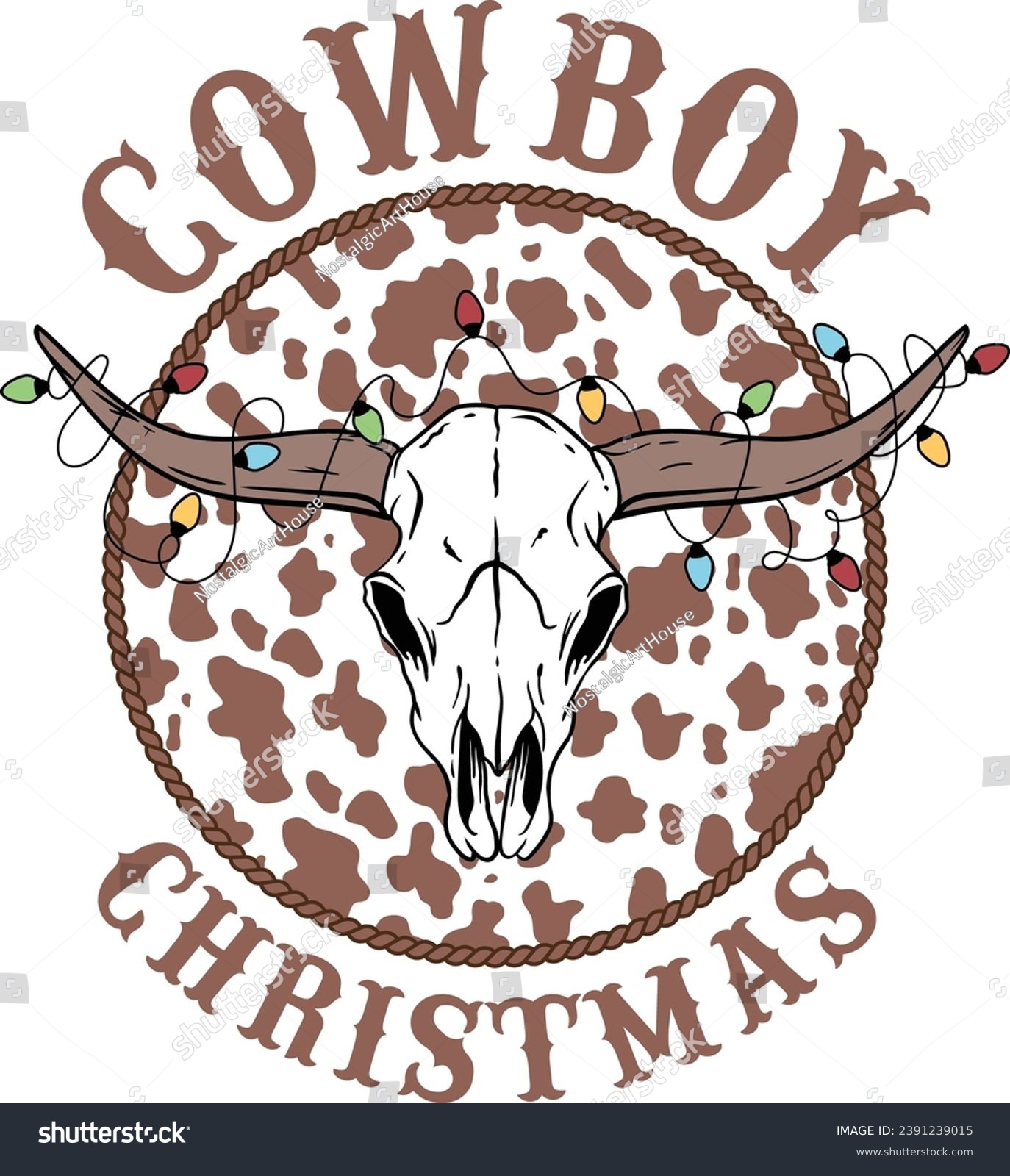 SVG of Western Longhorn Christmas, Cowboy Christmas, Bull Skull Hand-Drawn, Cowboy Cow Skull, Howdy Christmas, Western Christmas  svg