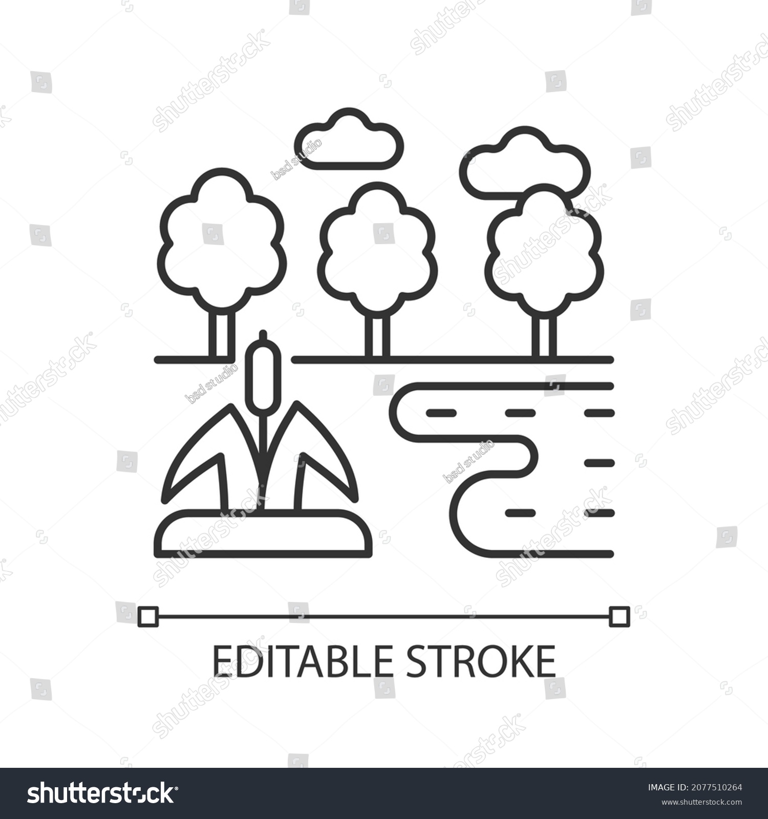 SVG of Wetland linear icon. Water covered land type. Wet landform. Swamp and peatland. Aquatic terrain. Thin line customizable illustration. Contour symbol. Vector isolated outline drawing. Editable stroke svg