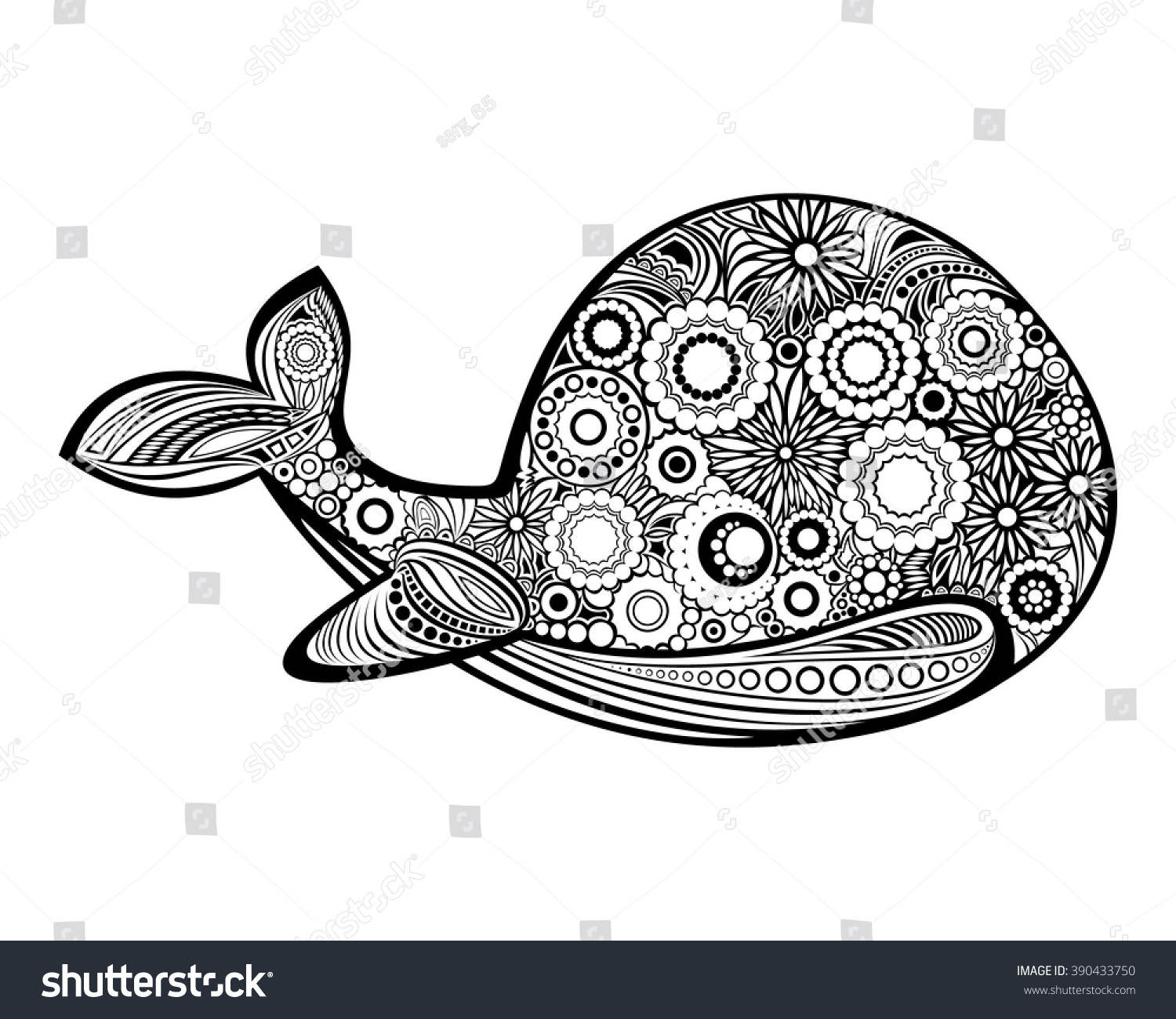 Whale for anti stress coloring pages and adult coloring books Ornamental tribal patterned whale