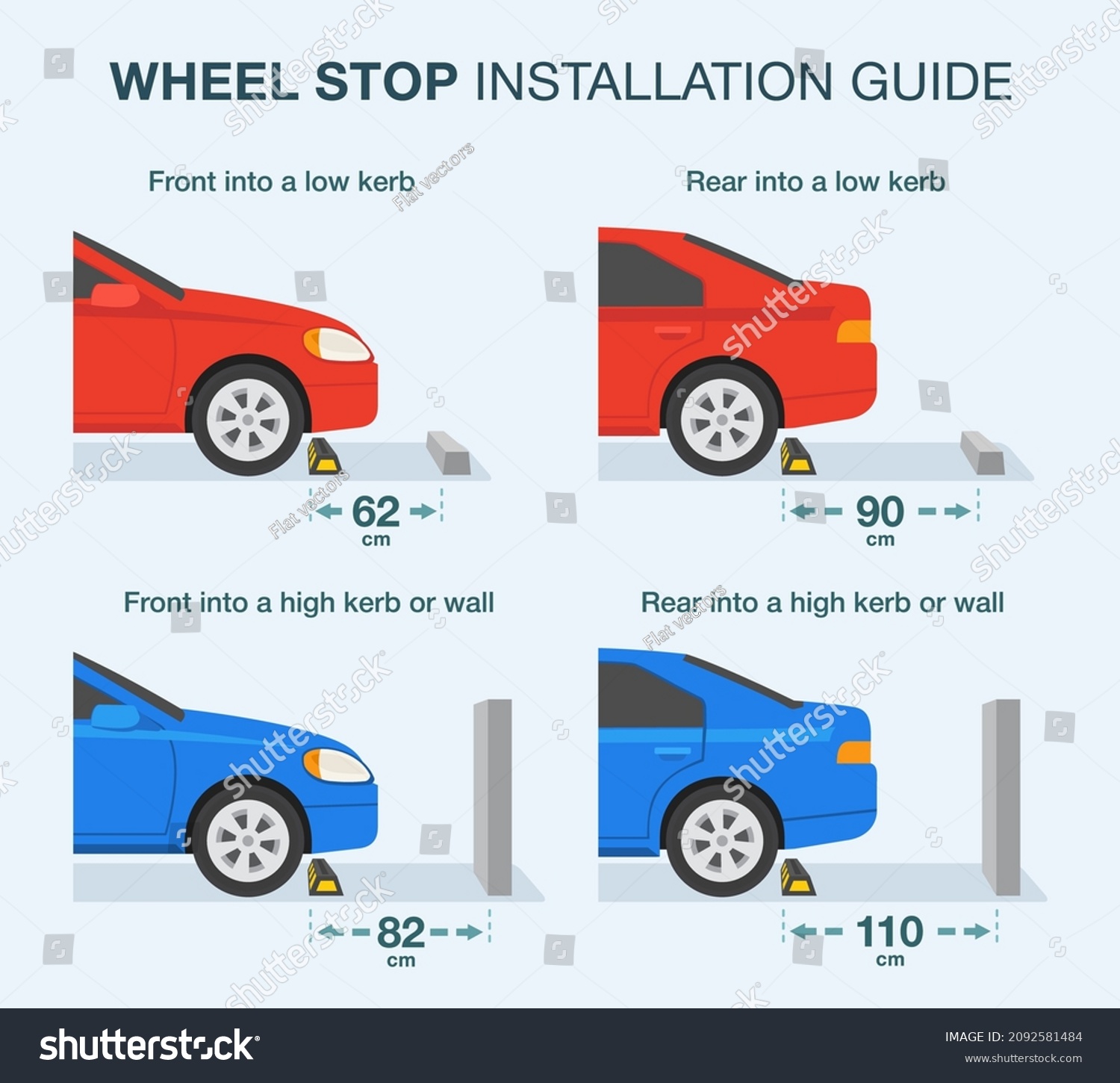SVG of Wheel stop installation guide. Distance between wheel stops and kerb or wall. Flat vector illustration template. svg