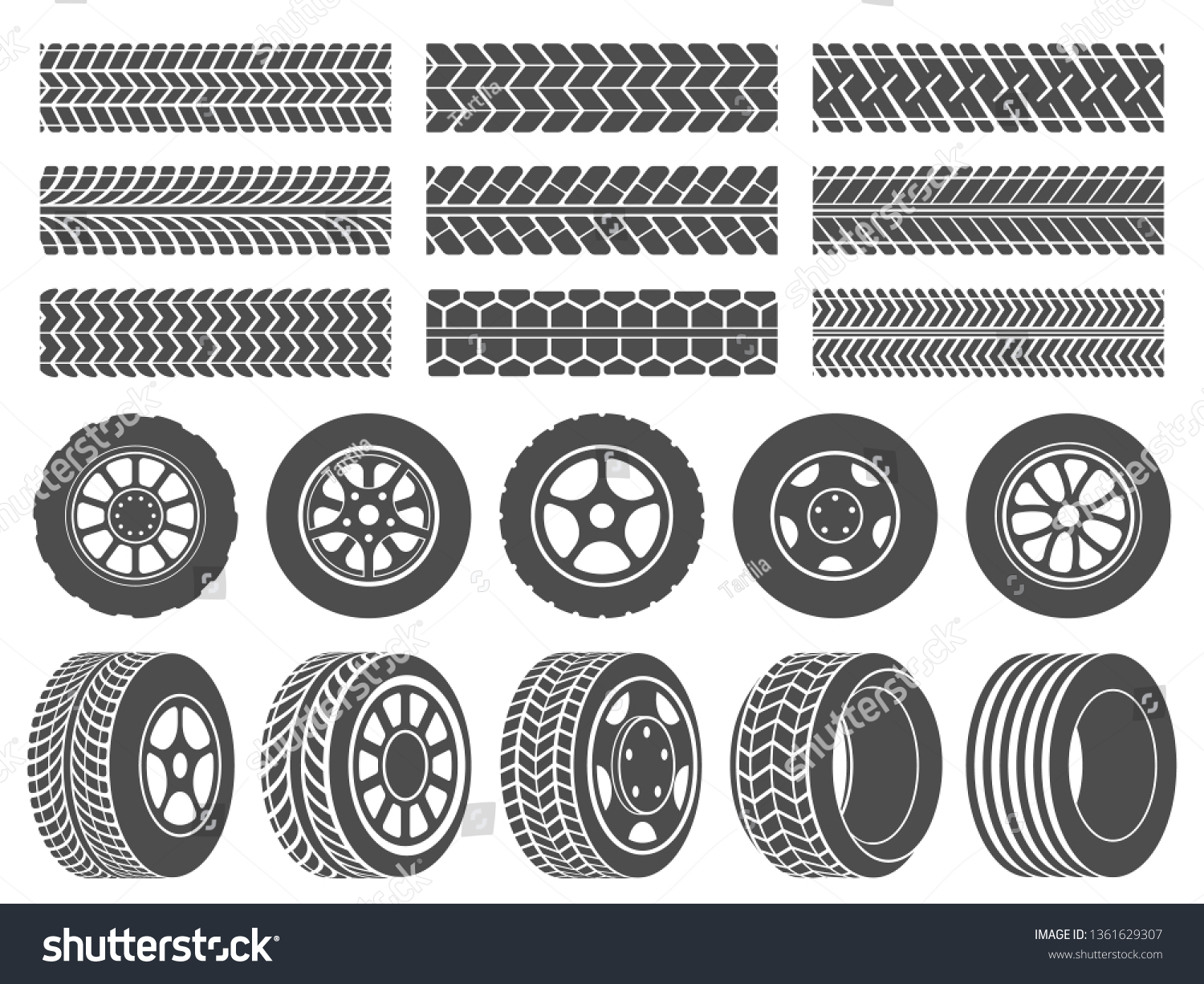 車輪のタイヤ 車のタイヤのトレッドトラック オートバイのレース用車輪のアイコン 汚れたタイヤ のトラック 自転車のトレール 車のトラック または自動車のレースのタイヤ ベクター分離型シンボルイラストセット のベクター画像素材 ロイヤリティフリー