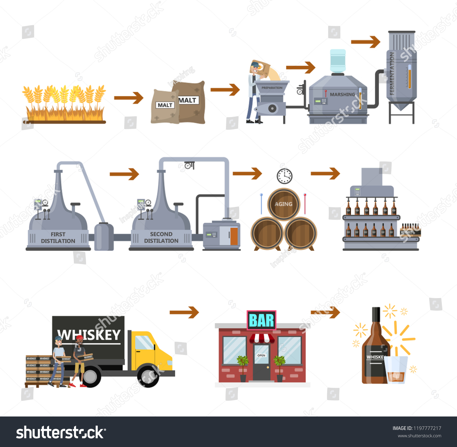 Whiskey Production Process Fermentation Distillation Aging Stock Vector ...