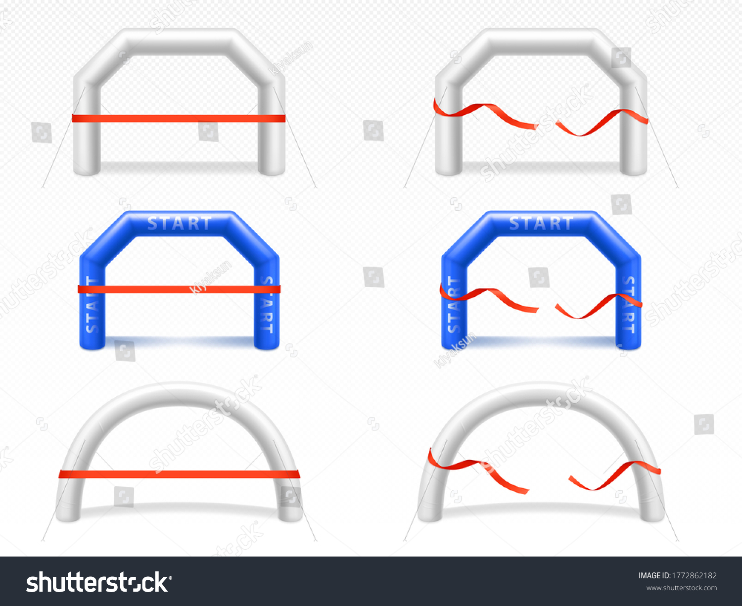 SVG of White and blue inflatable arch for sport running race  events, marathon or triathlon. Vector realistic set of blank balloon tubes different shapes for start and finish line with torn red ribbon svg