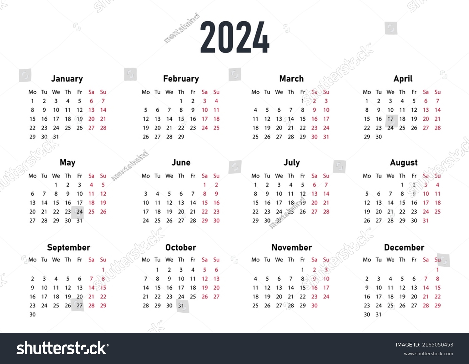 White Calendar 2024 Seasons Months Red Stock Vector (royalty Free 