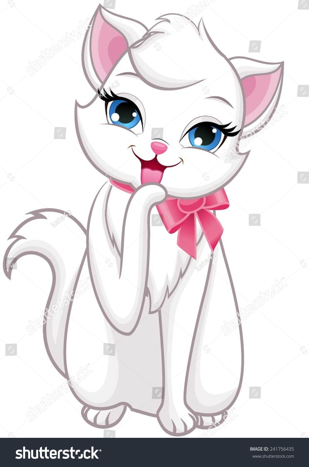 White Cute Cat Sitting And Licking Her Paw. Stock Vector Illustration ...